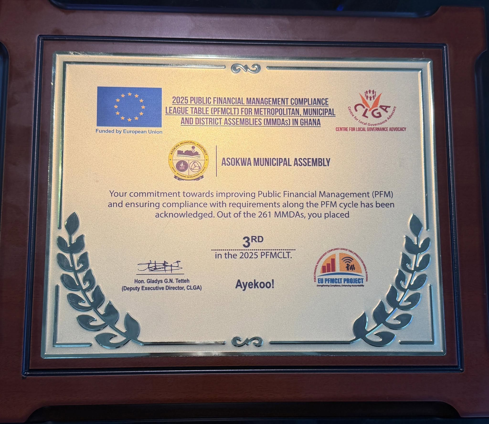 Asokwa Municipal Assembly Ranked 3rd Best in Ghana in Public Financial Management Compliance.